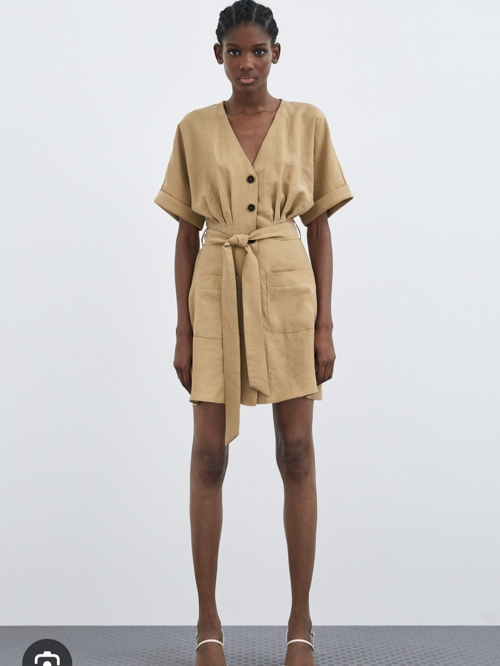 Zara Camel V-Neck Short Belted Dress